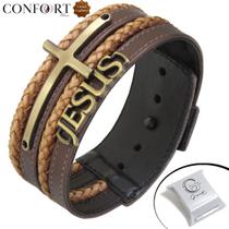 Pulseira Ajustável De Couro Masculina Jesus Cruz Marrom
