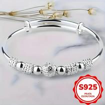 Pulseira Ajustável De Prata Esterlina 925 Com Contas Para Mulheres, Acessório De Joias Elegante E