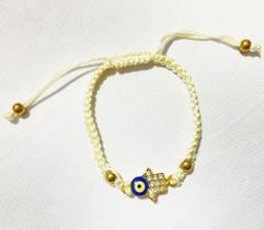 Pulseira Ajustável Macramê Mão de Fátima e Olho Grego com Pedrinhas