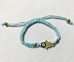 Pulseira Ajustável Macramê Mão de Fátima e Olho Grego com Pedrinhas