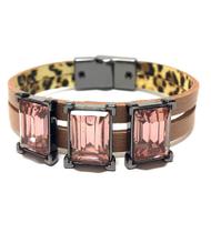 Pulseira Armem Rr Bijoux Couro Cristais Quadrados Bege