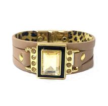 Pulseira Armem Rr Bijoux Couro Cristal Quadrado Bege