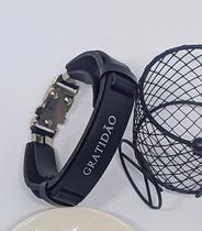 Pulseira Bacelete material sintético Masculino Feminino Ajustável Placa Inox Manuscrito Gratidão Religiosa Dourado Preto