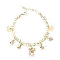 Pulseira Banhada a Ouro 18k com Cristais e Charmes de Borboleta e Flor - Joia Fina