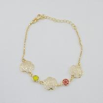 Pulseira Banhada A Ouro Com Rosa Vazada E Resina Pintada Bijou Art Pulseira Banhada A Ouro Com Rosa Vazada E Resina Pintada Bijou Art