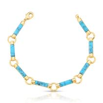 Pulseira Banhado a Ouro Maleavel com Pedra Azul Turquesa Intercalada Elo Redondo Pulseira Banhado a Ouro Maleavel com Pedra Azul Turquesa Intercalada Elo Redondo