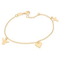 Pulseira banhado ouro 3x 24k 18k e 22k feminina com pingentes berloques espírito santo coração e cruz pendurados rommanel 552041