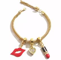 Pulseira Berloque Boca Batom Folheado a Ouro 18k