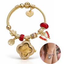 Pulseira Berloque com Relógio Quartzo Delicado Bracelete Ajustável Feminino Charmoso Dourado e Prata