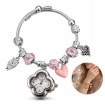 Pulseira Berloque com Relógio Quartzo Delicado Bracelete Ajustável Feminino Charmoso Dourado e Prata