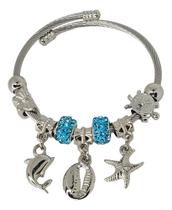 Pulseira Berloque Prata Charms Oceano Azul Zircônia Feminina Pulseira Berloque Prata Charms Oceano Azul Zircônia Feminina