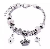 Pulseira Berloque Prateada Coroa Chave Coração Cadeado Y7745