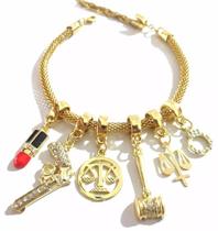 Pulseira Berloques Batom Advogada Arma Direito Folheado 18k