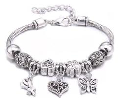 Pulseira Berloques Pingentes Prata Life Coracao Desenhos Cor