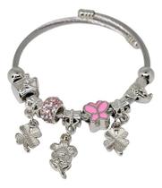 Pulseira Berloques Prata Borboleta Rosa Feminina Luxo