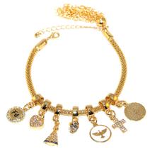 Pulseira Berloques Religiosa Aparecida Cruz Fé Folheado