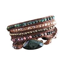 Pulseira Boho com Pedras Naturais - 5 Fios, Turquesa e Verde