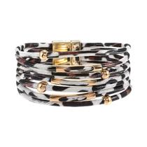 Pulseira Boho De Couro De Leopardo Vintage Com Tubo De Metal Multicamadas Para Mulheres E Homens,