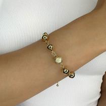 Pulseira Bolas Lisas e Bola Fosca central Banhado em Ouro 18k