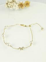 Pulseira Borboleta Cravejada com Pérolas Sintéticas em Prata 925 e Banho de Ouro 18k