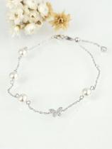 Pulseira Borboleta Cravejada com Pérolas Sintéticas em Prata 925 e Ródio - 17cm + 5cm Extensor