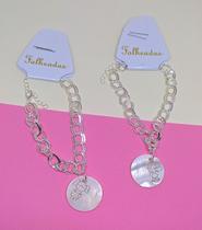 Pulseira Bracele Filhos Corrente Elos Duplo com Pingente Madrepérola Menino/Menina Folheado Prata Tendência