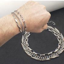 Pulseira Bracelete Aço Inox Masculino Corrente Tripla Prata Pulseira Bracelete Aço Inox Masculino Corrente Tripla Prata