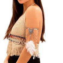 Pulseira Bracelete Boho com Penas e Correntes Prateadas Pulseira Bracelete Boho com Penas e Correntes Prateadas