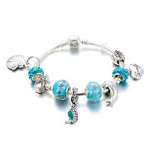 Pulseira Bracelete com Berloques Completa Mar Praia Verão Oceano Azul Prata