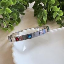 Pulseira Bracelete com Pedras Coloridas em Aço Inox