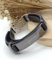 Pulseira Bracelete Couro Ajustável Masculino Feminino Placa Aço Inox Manuscrito Jesus Religiosa Dour