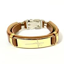 Pulseira Bracelete Couro Sintético Ajustável Feminino Masculino Religioso Placa Fé Aço Inox Dourado Preto Luxo - LVO