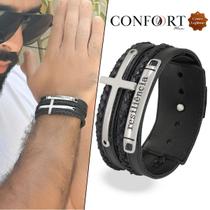 Pulseira Bracelete de Couro Cruz Resiliência Força Ajustável Pulseira Bracelete de Couro Cruz Resiliência Força Ajustável