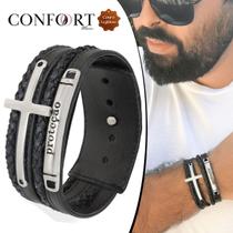 Pulseira Bracelete de Couro Masculina Feminina Cruz Proteção Ajustável