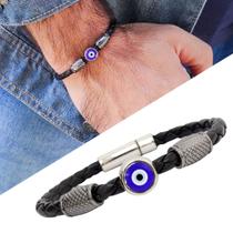 Pulseira Bracelete de Couro Masculina Olho Grego Proteção Talismã Sorte Magnética Slim