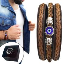 Pulseira Bracelete de Couro Masculina Olho Grego Proteção Talismã Sorte Marrom Pulseira Bracelete de Couro Masculina Olho Grego Proteção Talismã Sorte Marrom