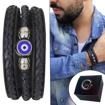 Pulseira Bracelete de Couro Masculina Olho Grego Proteção Talismã Sorte Preto