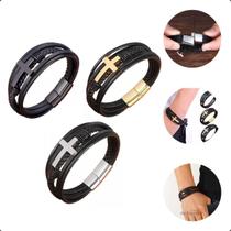 Pulseira Bracelete de Couro Trançado com Cruz de Aço Inox