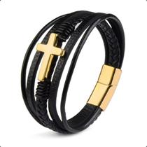 Pulseira Bracelete de Couro Trançado com Cruz de Aço Inox