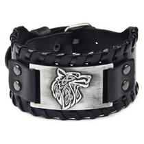 Pulseira Bracelete de Couro Trançado Lobo Viking Masculino Preto