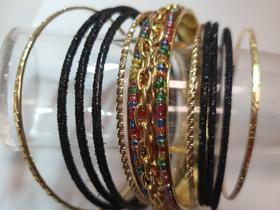 pulseira bracelete de metal preto e dourado brilhante, kit 11pç