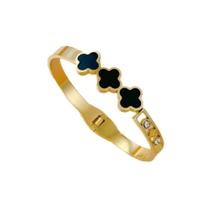 Pulseira Bracelete Dourado Feminino Liso com Pingente pedras cravejado zircônias Flor 4 Folhas Trevo Luxo Lançamento