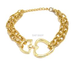 Pulseira bracelete feminina dourada de coração 24cm regulagem