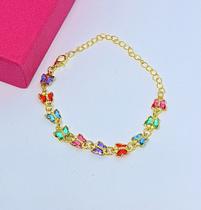 Pulseira Bracelete Feminino com Borboletas zircônias coloridas Folheado Ouro Dourado Prata Luxo tendência Moda