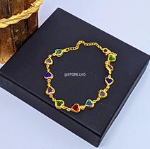 Pulseira Bracelete Feminino Coração Colorido Pedras Cristais Coloridas Folheado Ouro Dourado Prata Moda Tendência