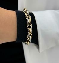 Pulseira Bracelete Feminino Corrente elos grosso elo duplo Oval mix duas cores Dourado com Prata Folheado Ouro Presente