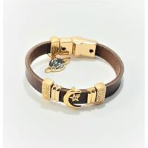 Pulseira Bracelete Feminino Couro Café Lua, Estrela e Planeta Azul