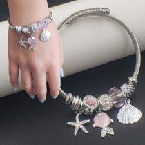 Pulseira Bracelete Feminino Prateado Aço Inox Antialérgico Com Berloques Vários Modelos