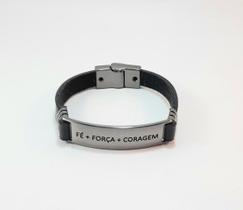 Pulseira Bracelete Masculina Couro Fé, Força e Coragem