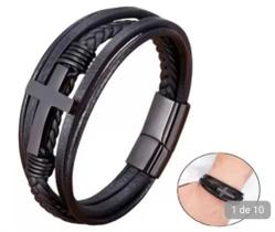 Pulseira Bracelete Masculina Cruz Couro Fecho Imã
